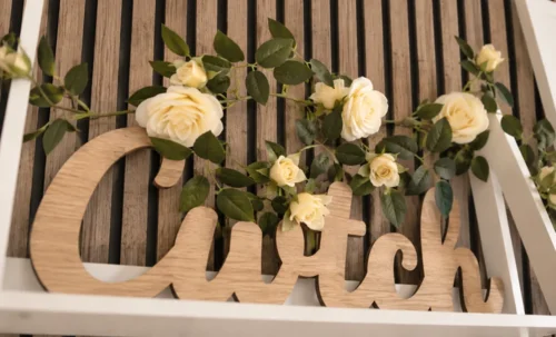 Wooden Cwtch banner in the studio